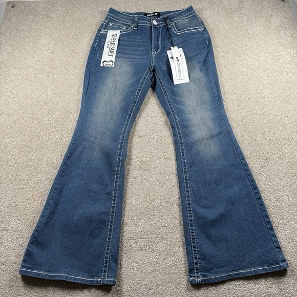 Sky Jeans Juniors 11/30 Blue Medium Wash Super Soft Flare Rhinestone Embellished - Picture 2 of 11